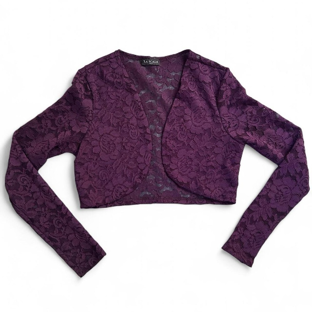La Scala Purple Sheer Floral Cropped Lace Bolero Long Sleeve Cardigan